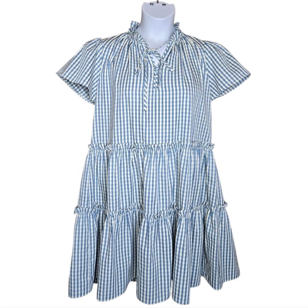 WYATT WYLDE Chime blue gingham plaid tiered ruffle kawaii swing‎ dress L - Picture 3 of 12